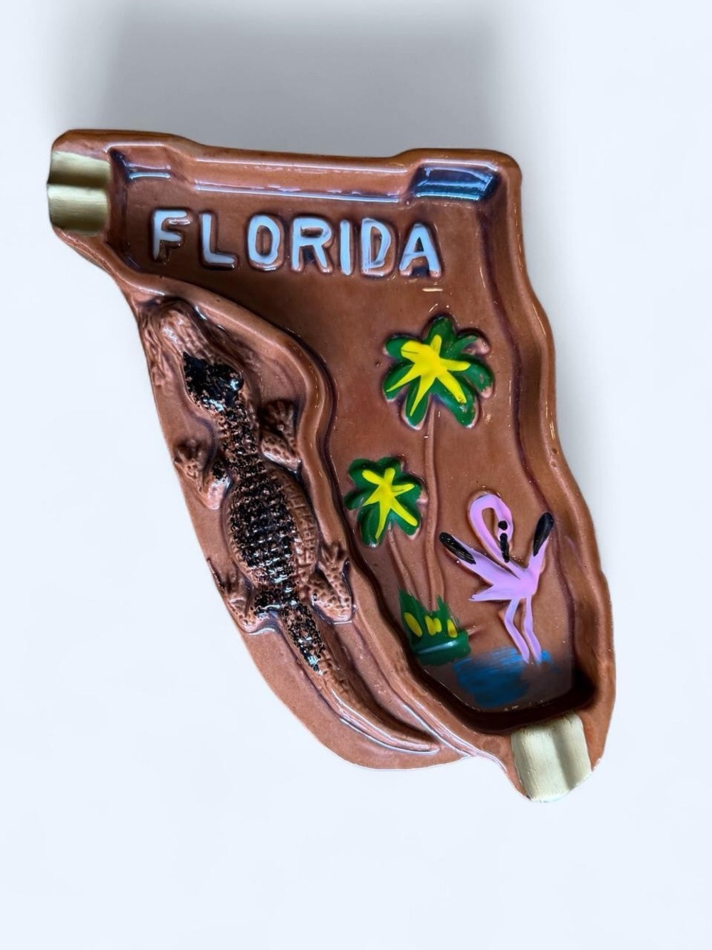 Florida Ceramic Ashtray - Brown with Pink Flamingo, Alligator, Palm Trees